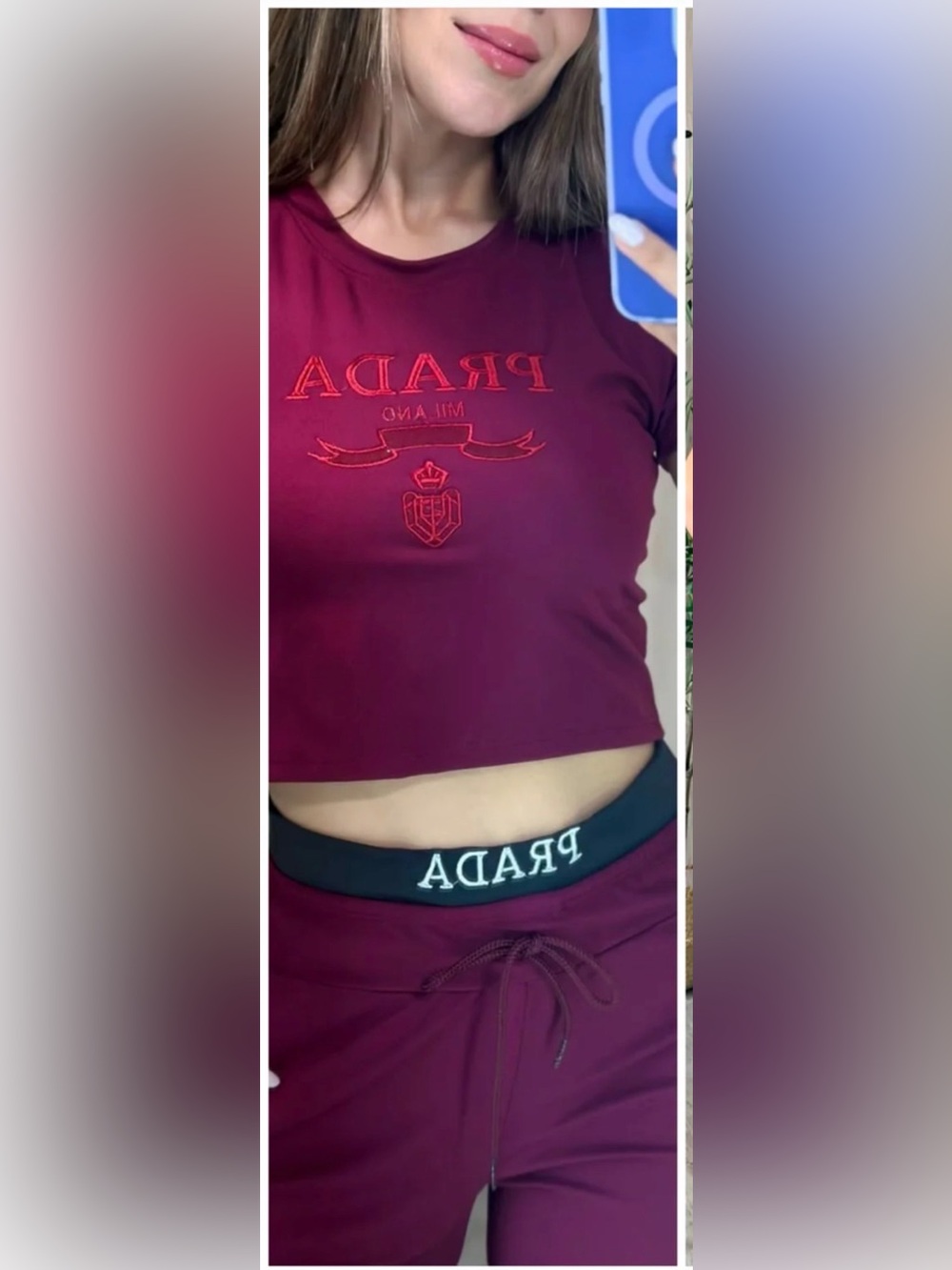 Burgundy Lounge Pants & Crop Tee Set size S - Picture 3 of 13